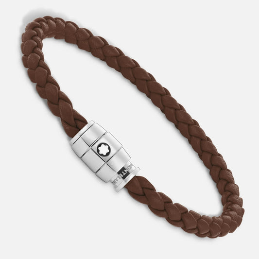 Bracciale montblanc marrone fulvo in pelle intrecciata con chiusura magnetica in acciaio pregiato lucido impreziosito