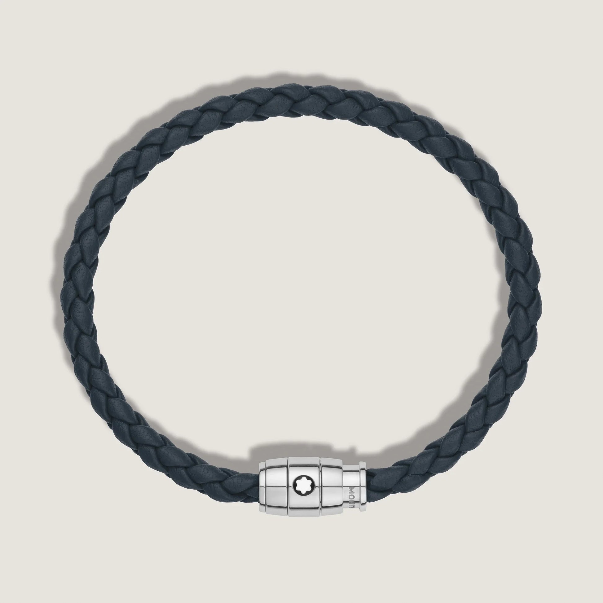 Bracciale montblanc in pelle blu avio con tre anelli e chiusura magnetica in acciaio pregiato lucido