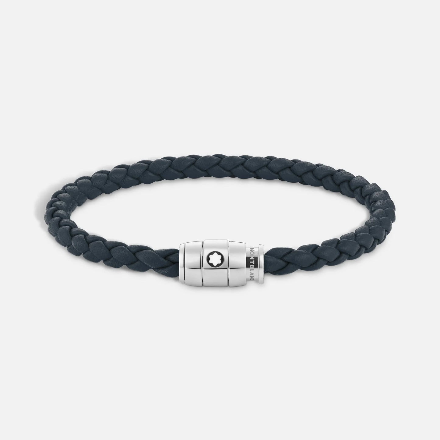 Montblanc bracciale in pelle blu avio intrecciata con chiusura acciaio pregiato lucido impreziosito con stella