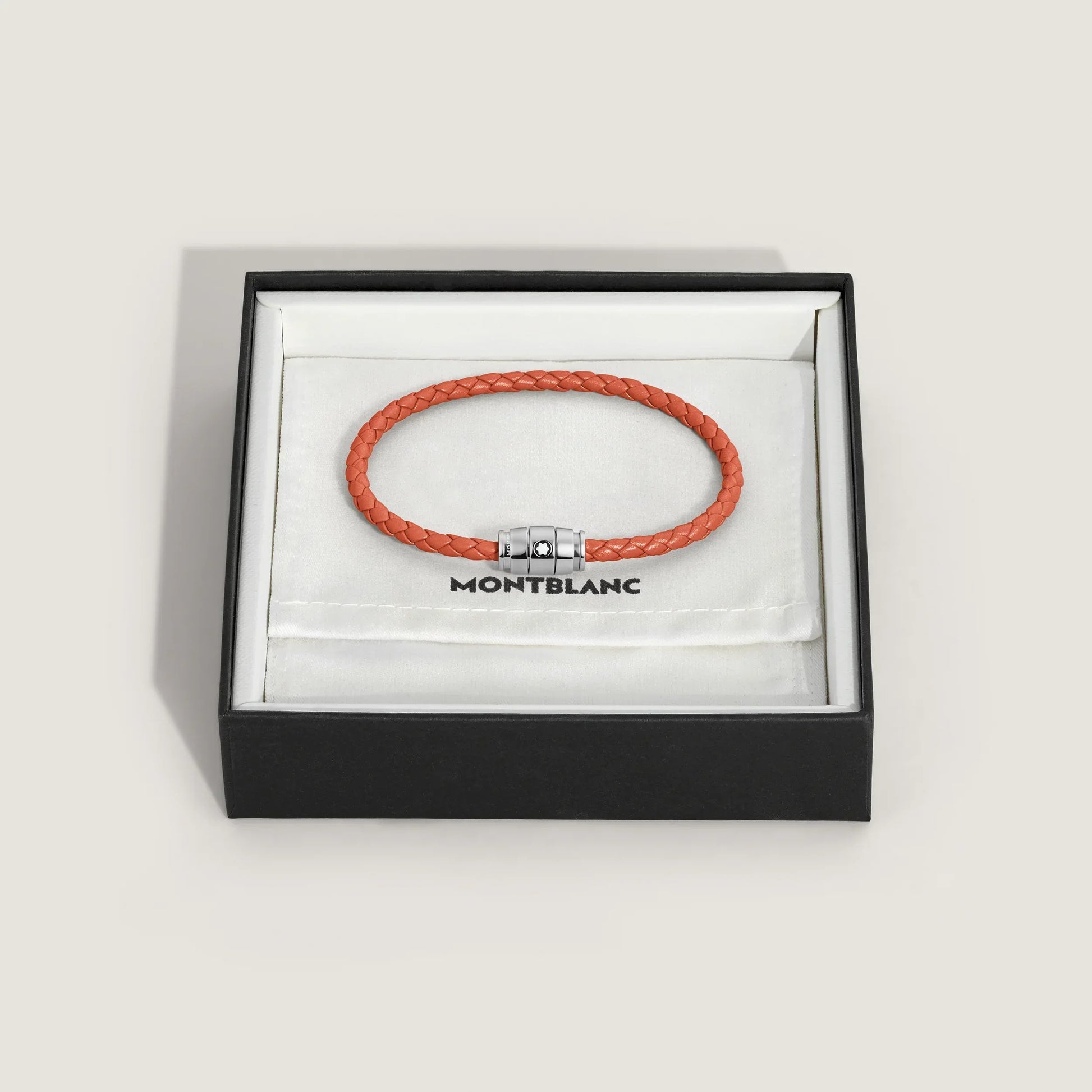 Bracciale montblanc in pelle meisterstück cayenne intrecciata arancione con chiusura metallica in scatola brandizzata