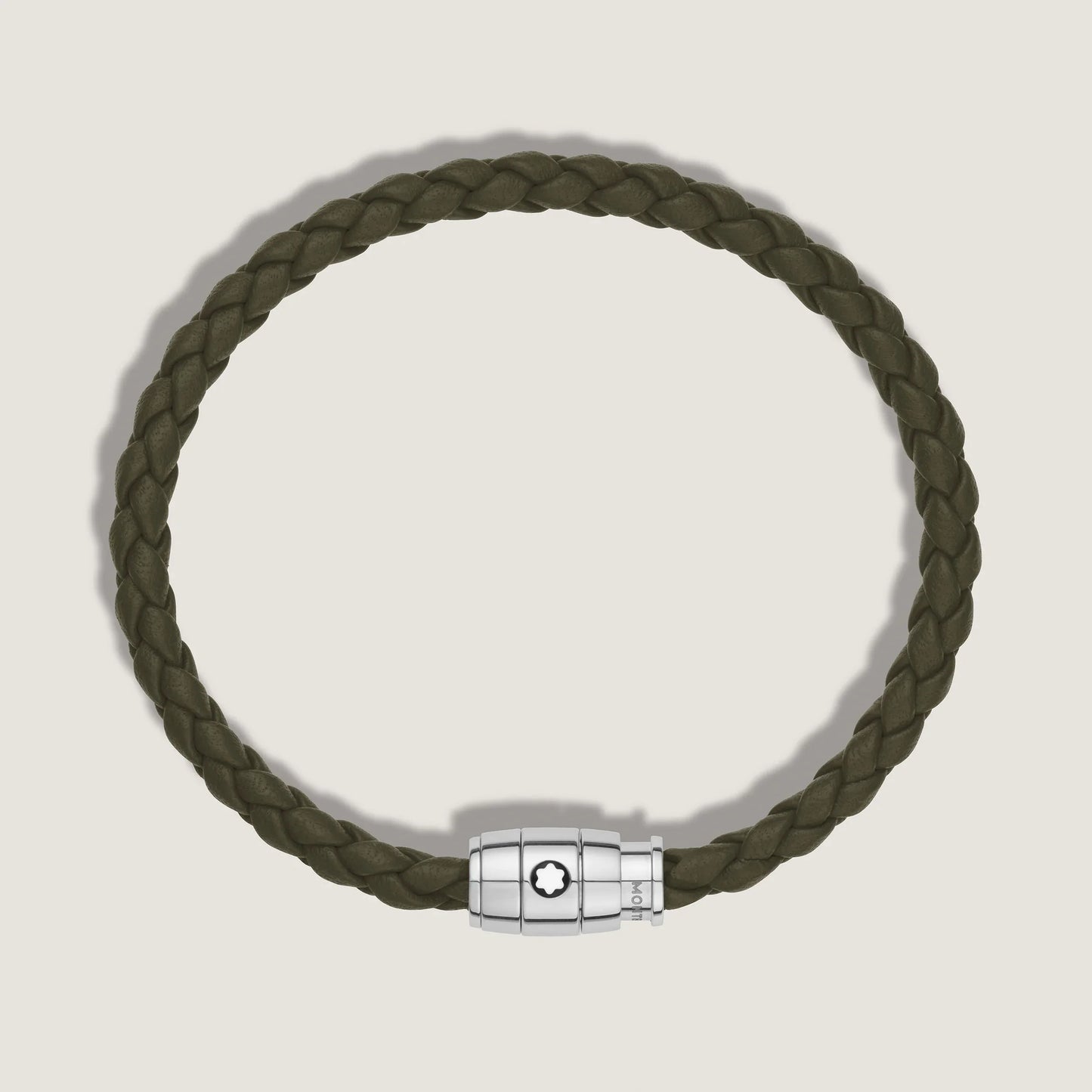 Bracciale montblanc in pelle kaki intrecciata con chiusura magnetica in acciaio pregiato lucido impreziosito