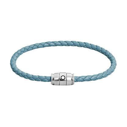 Bracciale montblanc in pelle meisterstück blu fumè con tre anelli e chiusura magnetica in acciaio argento
