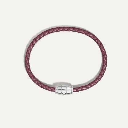 Montblanc bracciale pelle meisterstück cassis borgogna con tre anelli intrecciati e chiusura in acciaio argento