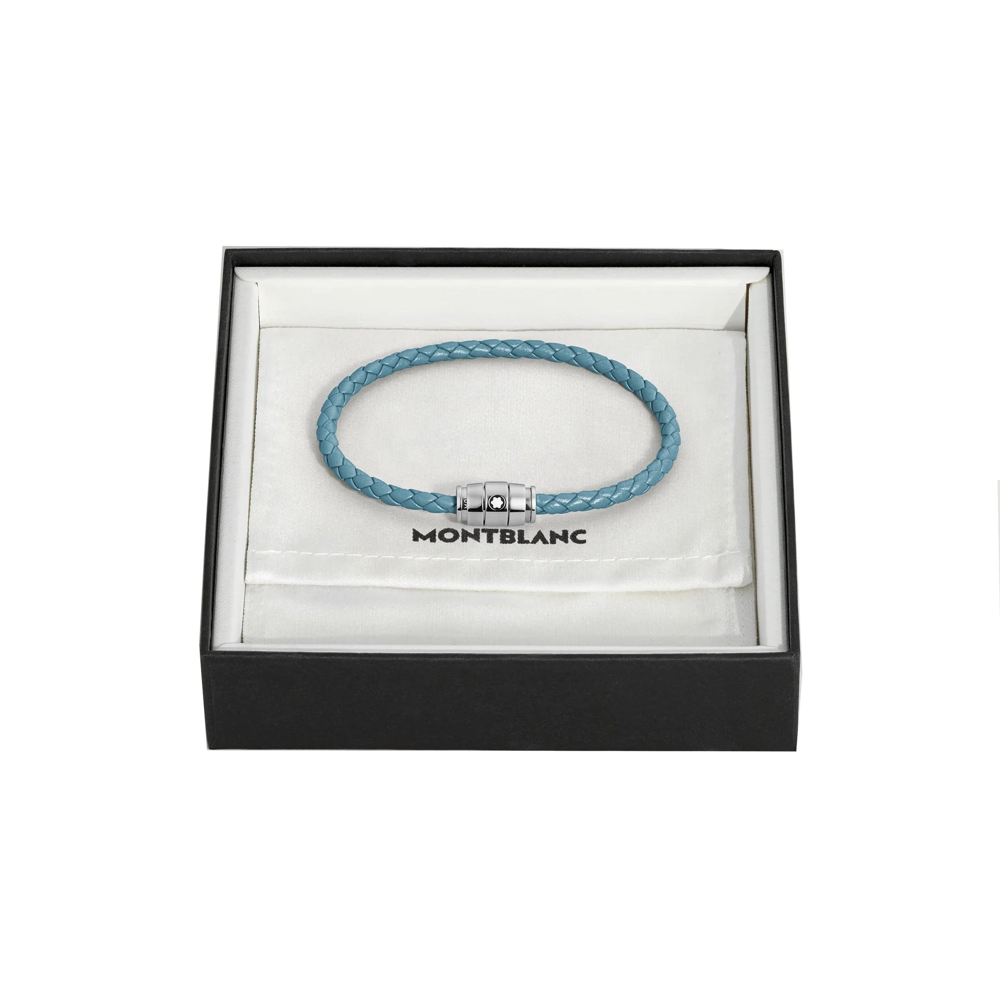 Montblanc bracciale in pelle meisterstück blu fumè intrecciata con chiusura in metallo presentato in confezione regalo montblanc