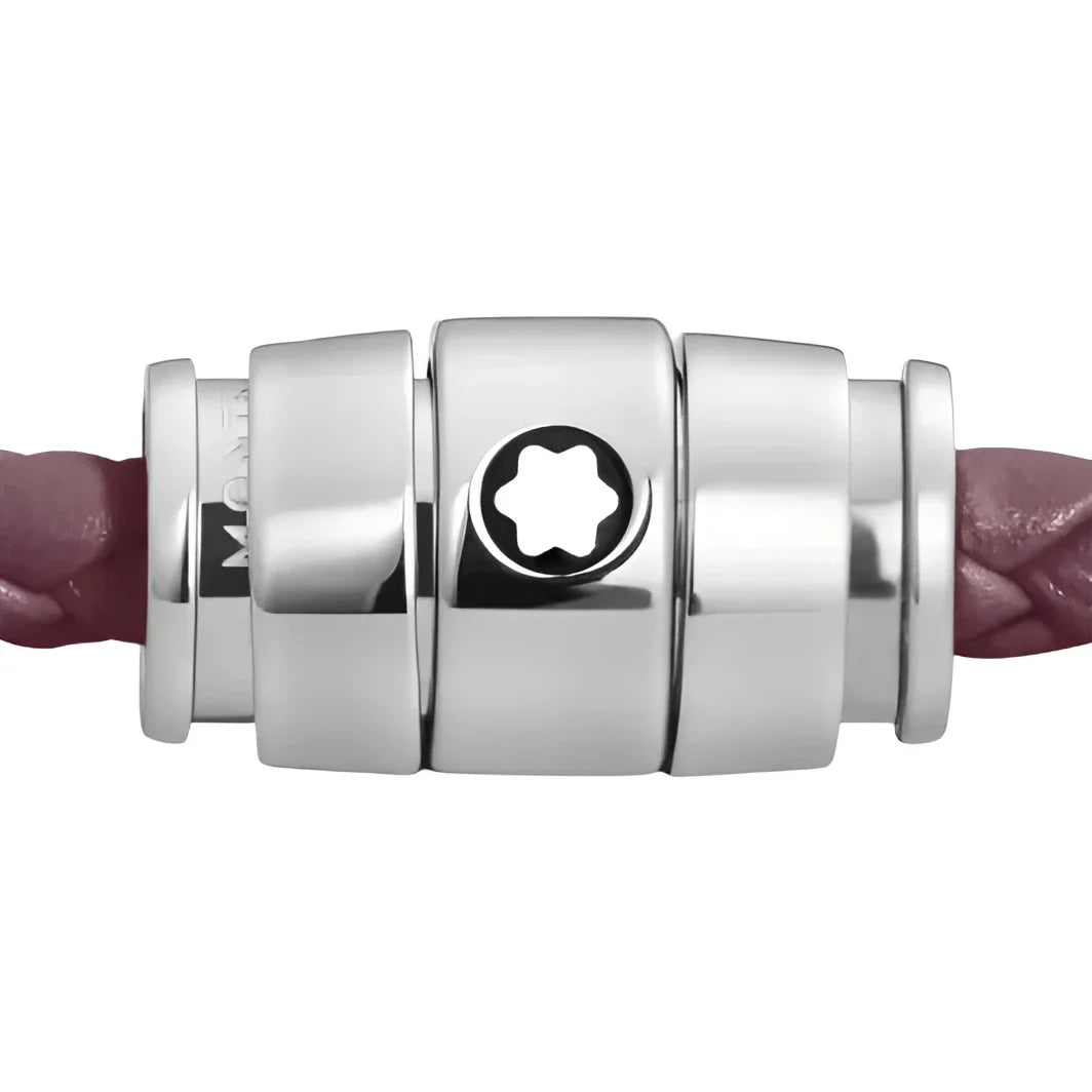 Montblanc bracciale in pelle meisterstück cassis con chiusura in acciaio argento e tre anelli intrecciati bordeaux