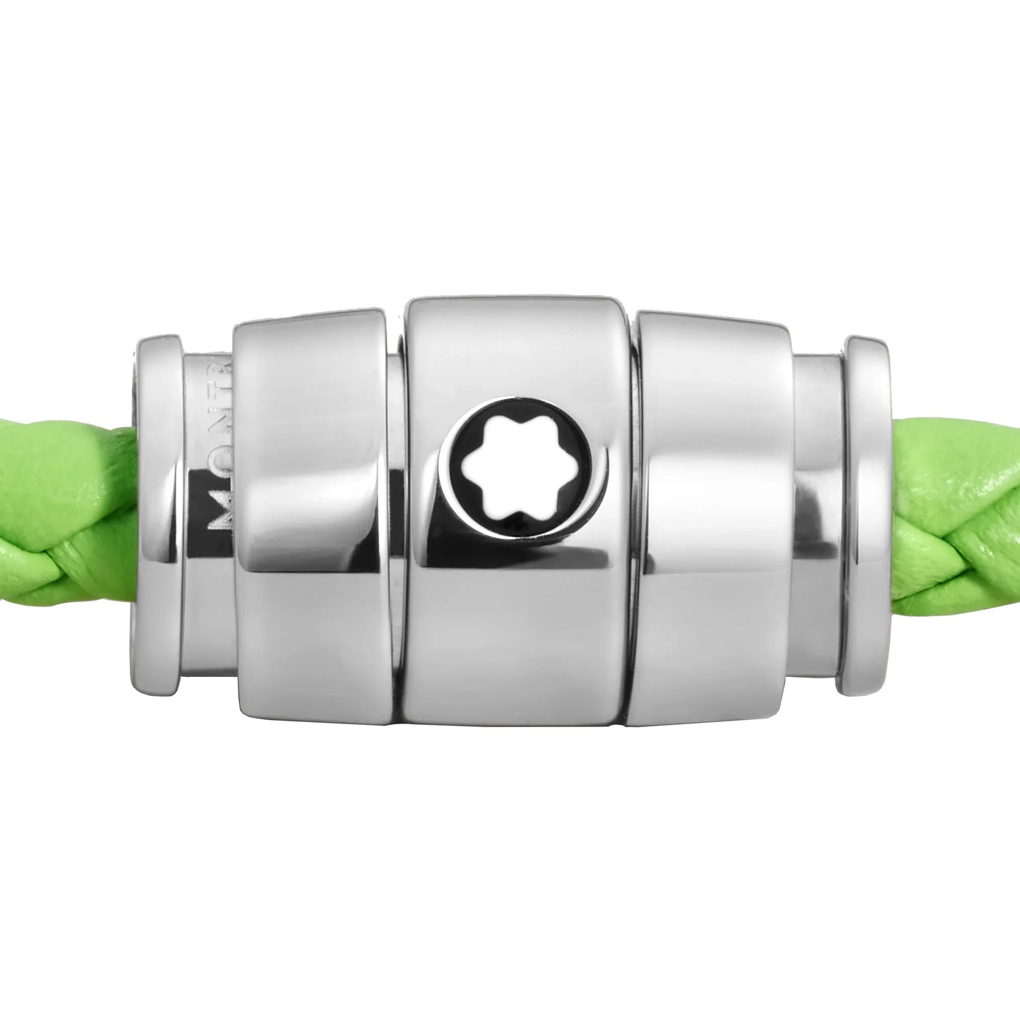 Fermaglio in metallo argentato con stella a sei punte che chiude corda intrecciata verde pelle meisterstück lime
