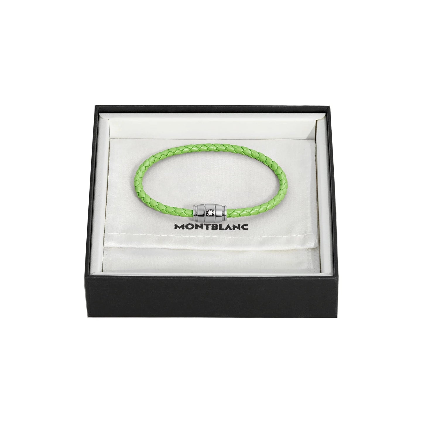 Bracciale montblanc in pelle meisterstück lime intrecciata verde lime con chiusura in acciaio presentato in confezione regalo elegante