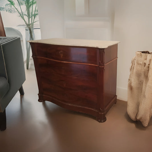 Cassettone luigi filippo in piuma di mogano con ripiano in marmo bianco carrara xix secolo