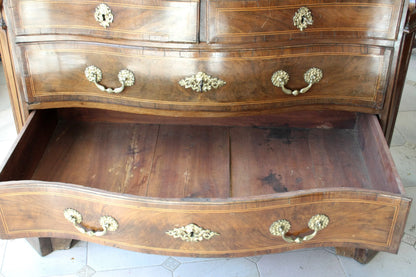 Raffinato cassettone in noce xviii secolo con fronte ricurvo e linea elegante funzioni con cassetto aperto