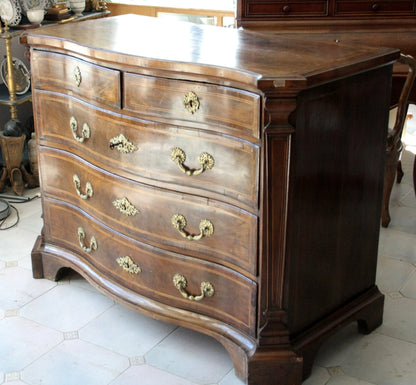 Raffinato cassettone in noce xviii secolo con linea elegante e fronte ricurvo di provenienza spagnola