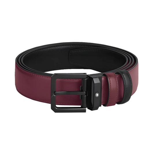 Montblanc cintura reversibile 35 mm in pelle nera e cassis con fibbia in metallo opaco e logo montblanc