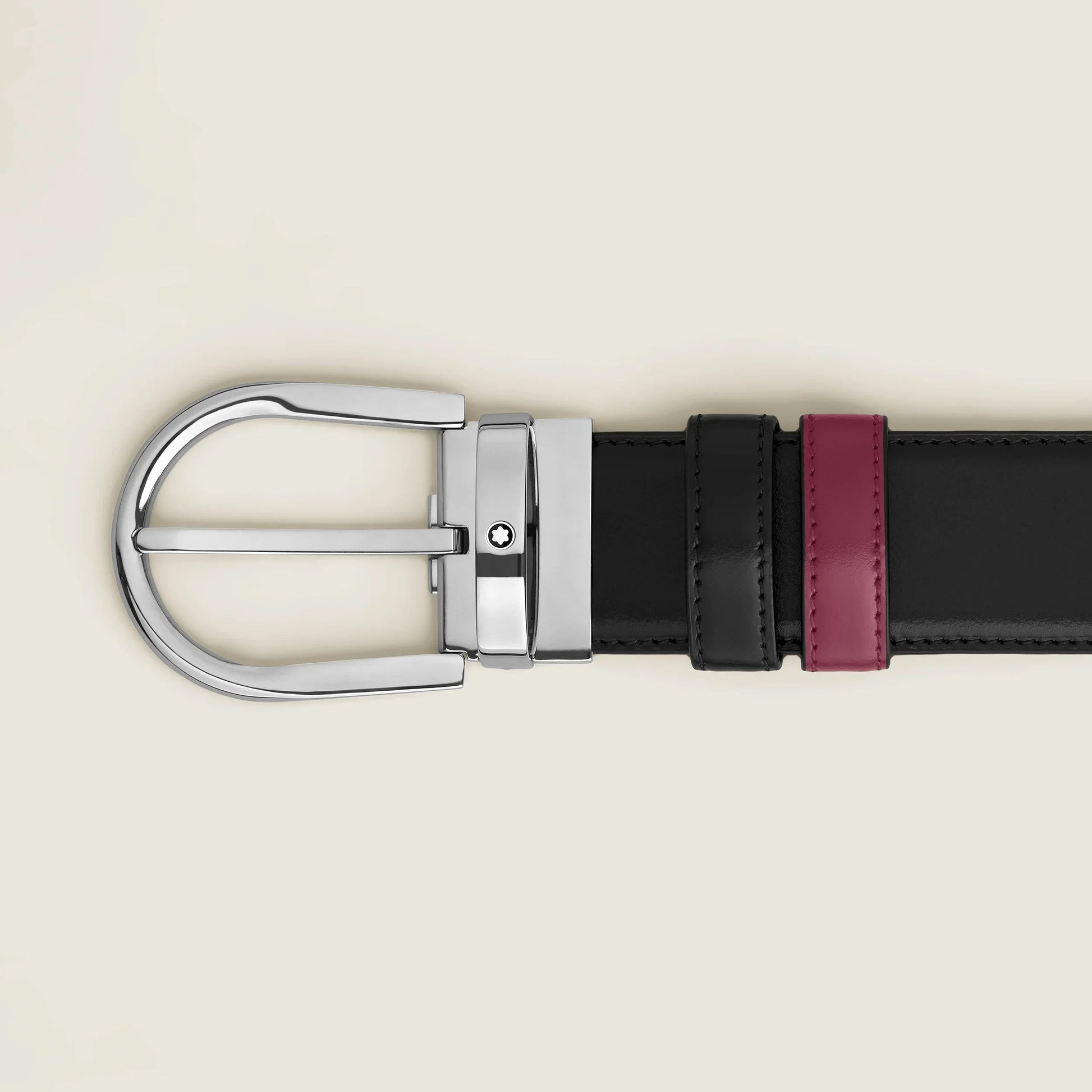 Montblanc cintura reversibile 35 mm in pelle liscia nera con fibbia cavallo finitura palladio e striscia borgogna