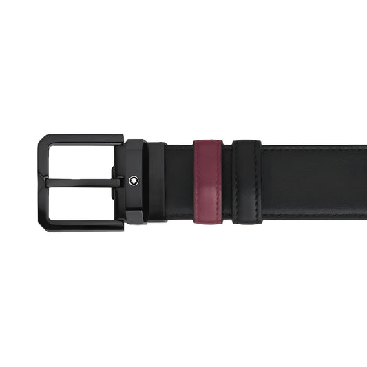 Montblanc cintura reversibile in pelle nera cassis con fibbia opaca nera e striscia bordeaux per uso elegante