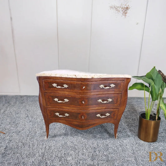 Antico comò 3 cassetti in stile Luigi XV con bois de rose e marmo restaurato