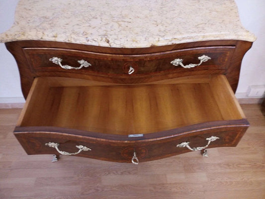Louis XV style 3-drawer chest of drawers in inlaid rosewood with ornate metal handles and marble top