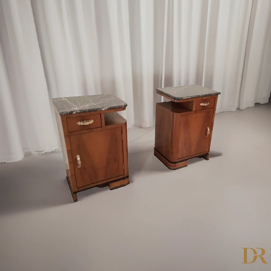 Comodini art in noce art déco italiano con top in marmo, set di 2
