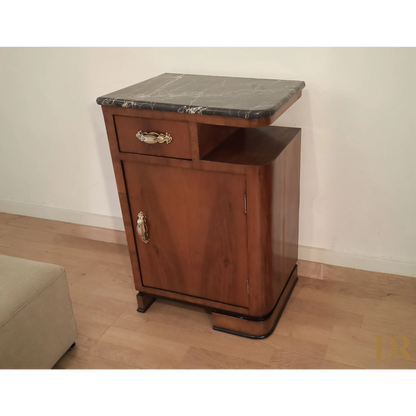 Tavolino in noce art déco con piano in marmo e cassetto, comodini art di design italiano