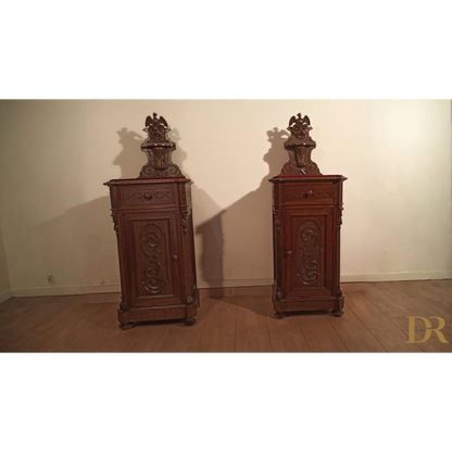 Pair of antique carved wood side cabinets, cassettiera italiana noce, set di 3