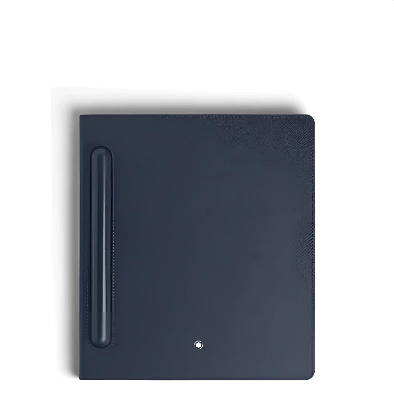 Dark blue textured leather montblanc digital paper folio cover with vertical pen slot and silver emblem at bottom center