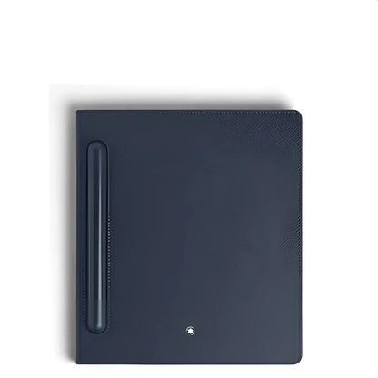 Dark blue textured leather montblanc digital paper folio cover with vertical pen slot and silver emblem at bottom center