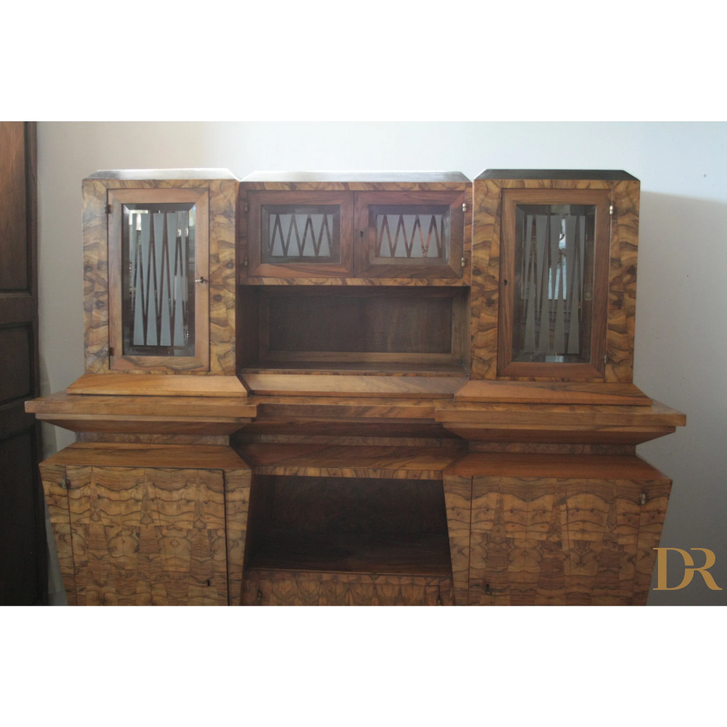 Credenza due corpi Art Decò con vetri per il ministro Bottai, dimensioni corpo Roma