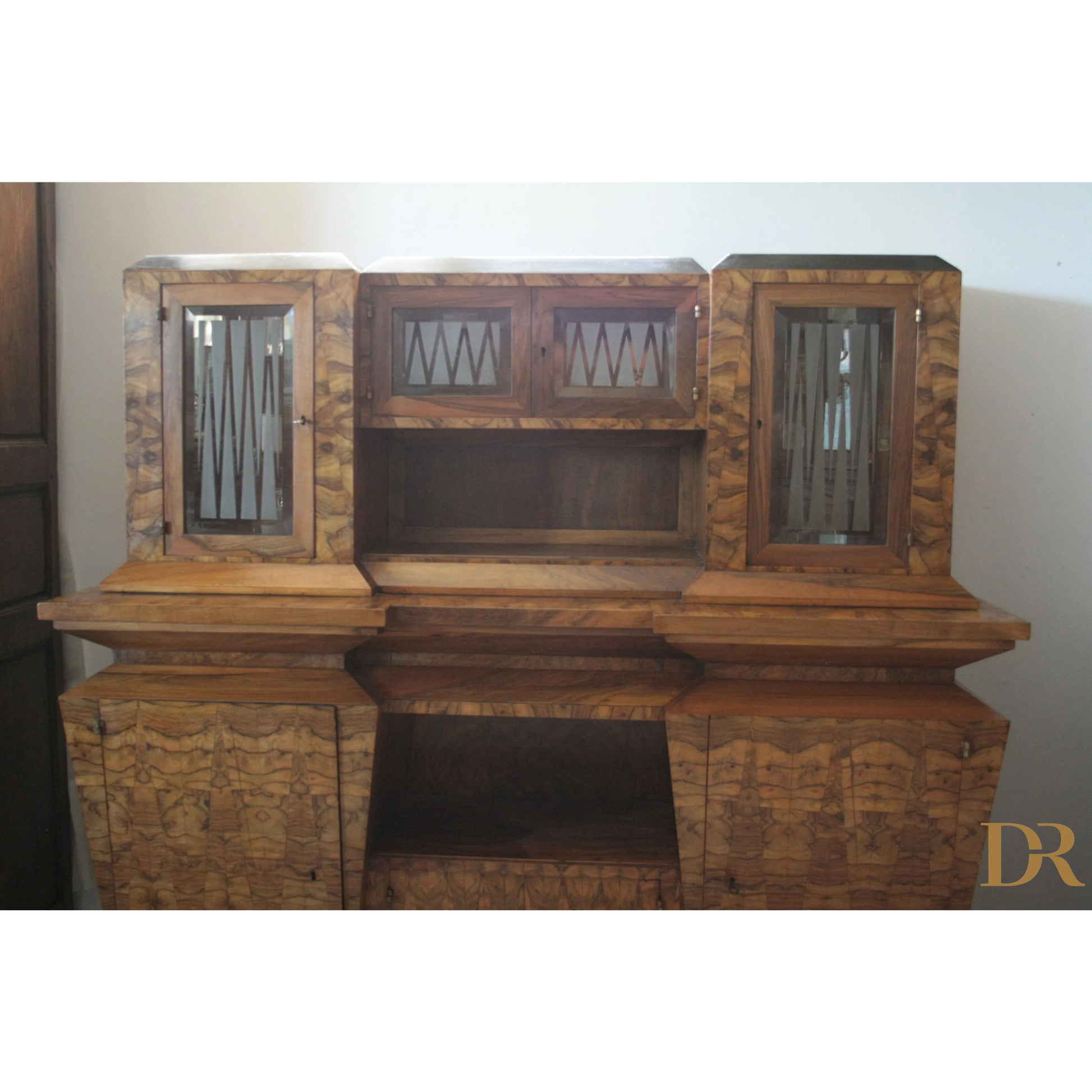 Credenza due corpi Art Decò con vetri per il ministro Bottai, dimensioni corpo Roma