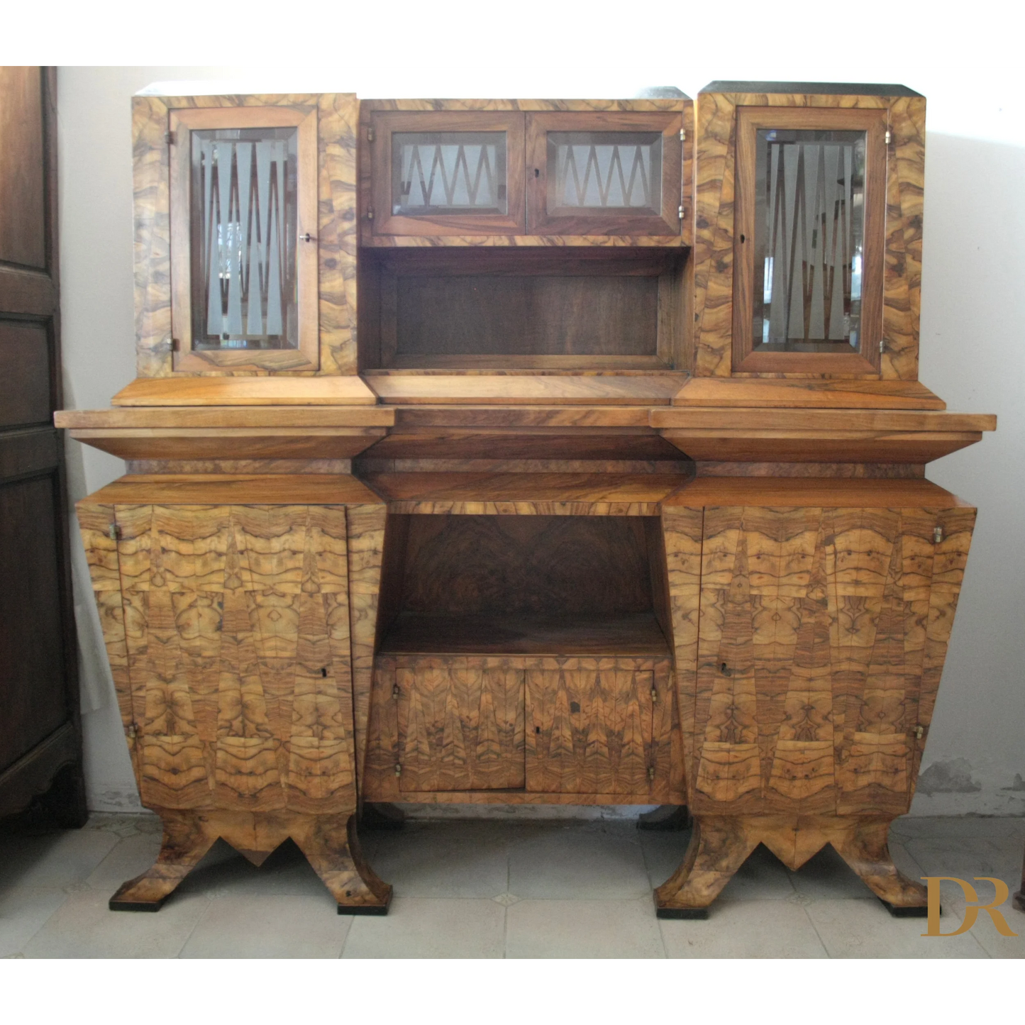 Credenza due corpi Art Deco Italia Roma con vetri, realizzata per il ministro Bottai nel 1933