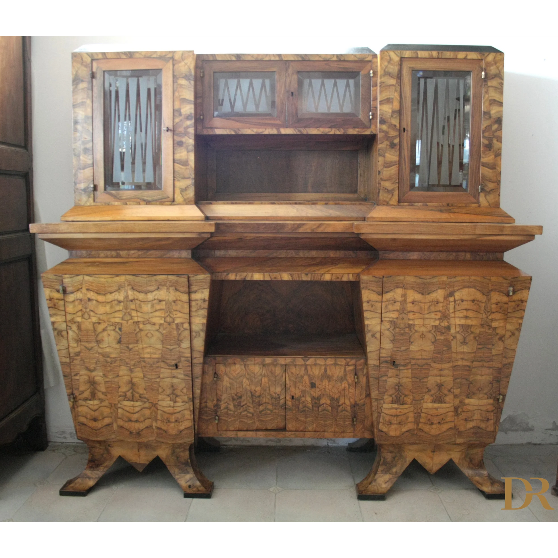 Credenza due corpi Art Deco Italia Roma con vetri, realizzata per il ministro Bottai nel 1933