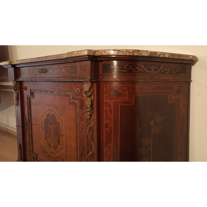 Credenza intarsiata con applicazioni ottone marmo XX secolo varie essenze legno - Dario Raia Antiquariato Modernariato Vintage