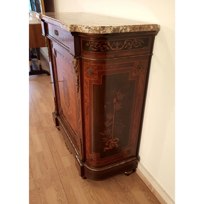 Credenza intarsiata con applicazioni ottone marmo XX secolo varie essenze legno