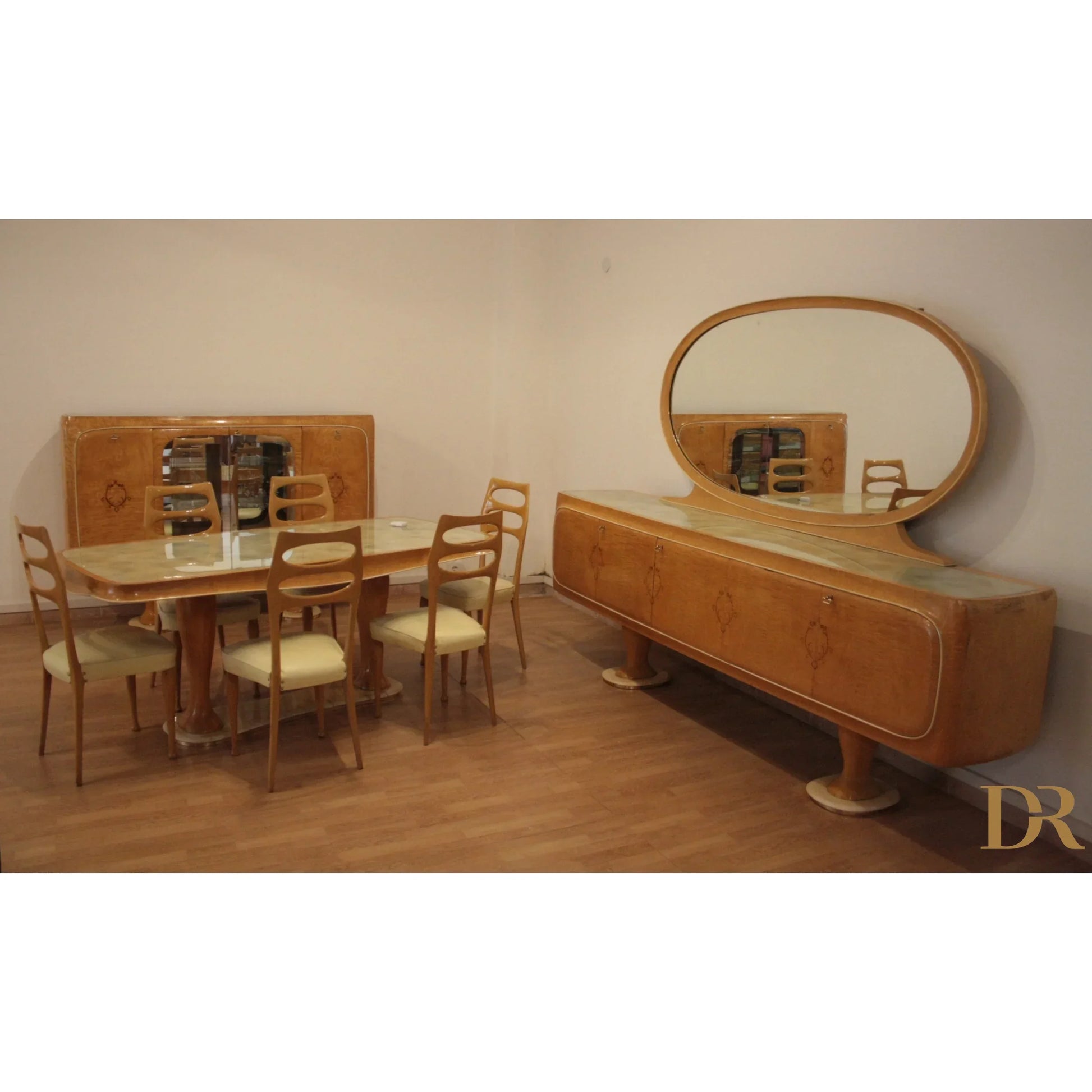 Credenza mid-century moderna di vittorio dassi anni 50 con set da pranzo art deco in legno raffinato per dario raia antiquariato