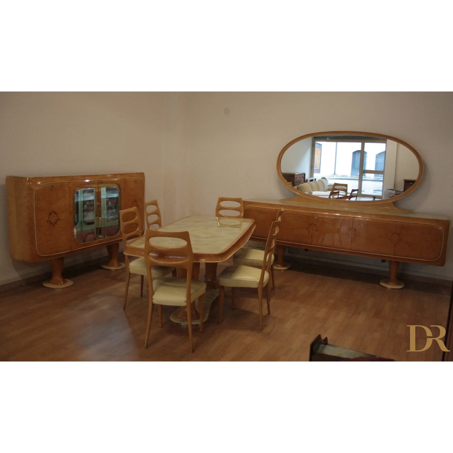 Matching dining room set in wood by vittorio dassi mid-century moderna from dario raia antiquariato years 50s