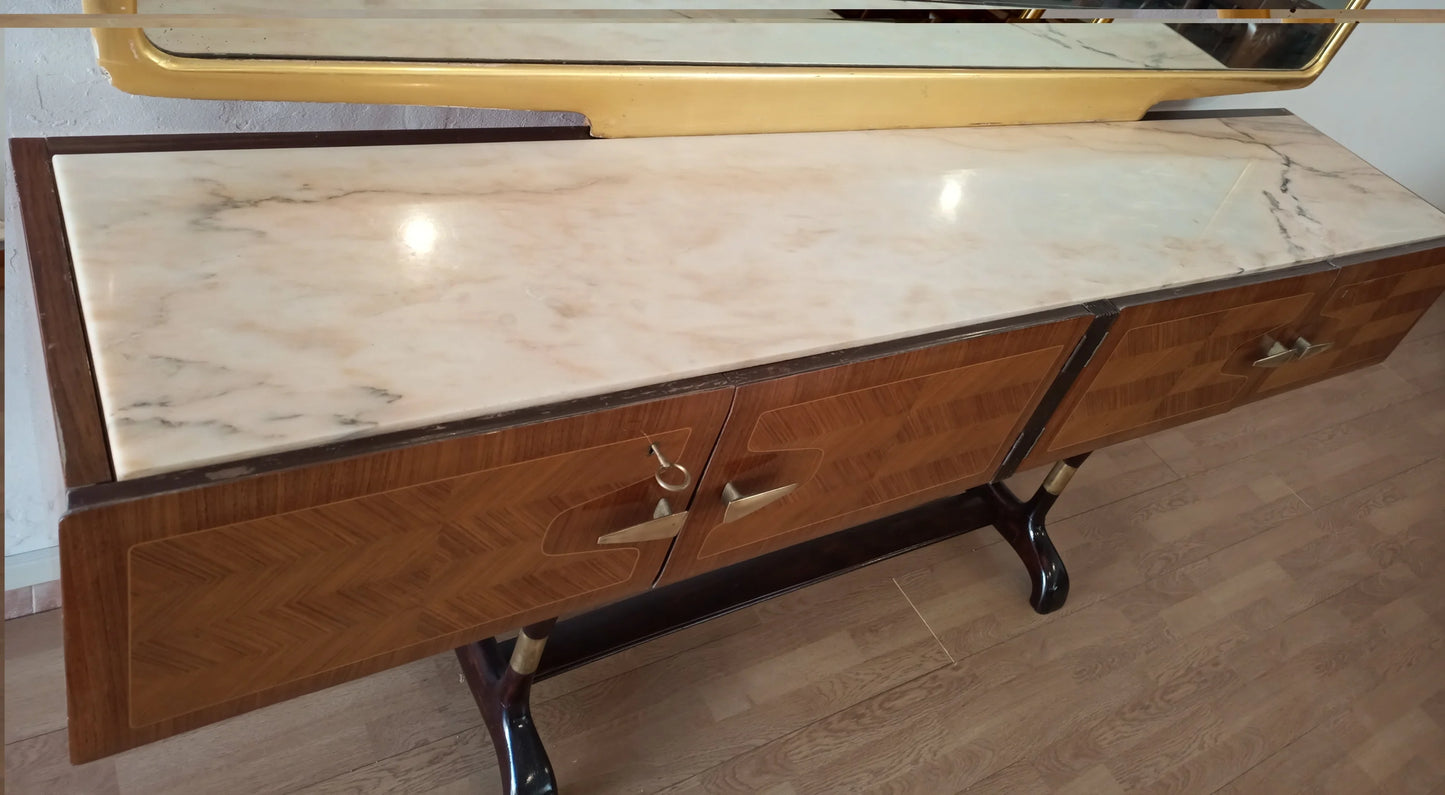 Consolle vittorio dassi mobile bar consolle con piano in marmo, cassetti in legno e gambe decorative in metallo