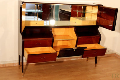 Credenza di metà secolo di osvaldo borsani in mogano palissandro e acero con finiture lucide e ripiani in vetro
