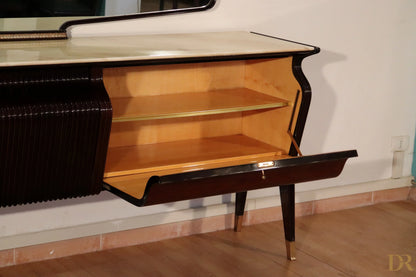 Elegante consolle in legno scuro con piano in marmo chiaro e dettagli in metallo dorato design italiano modernista osvaldo borsani