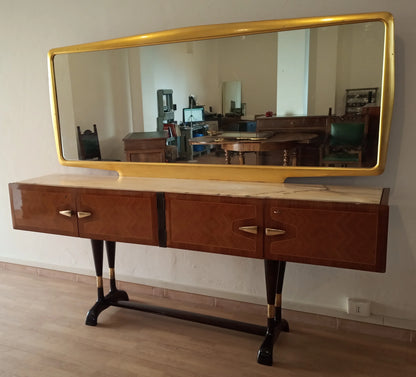 Consolle vittorio dassi mobile bar consolle mid-century con due cassetti gambe nere e specchio rettangolare oro