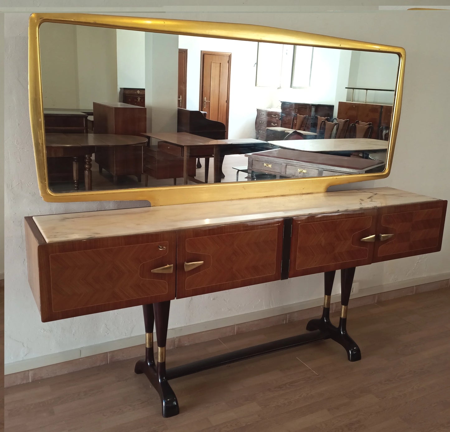 Consolle vittorio dassi credenza mid-century con cassetti e specchio con cornice dorata mobile bar consolle