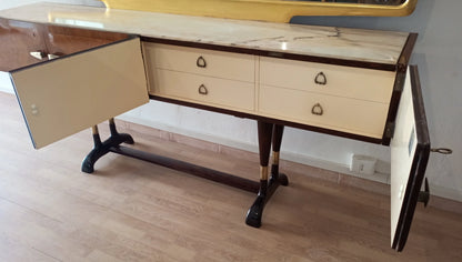 Credensa mid-century con cassetti crema e struttura in legno scuro su gambe curve mobile bar consolle vittorio dassi