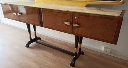Credenza mid-century con specchio in legno marrone e gambe in metallo per mobile bar consolle vittorio dassi