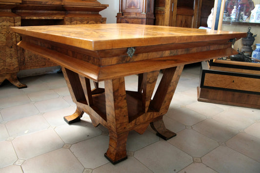 Art Deco square wooden table with decorative legs, Rome, made for Minister Bottai in 1933 with inscription