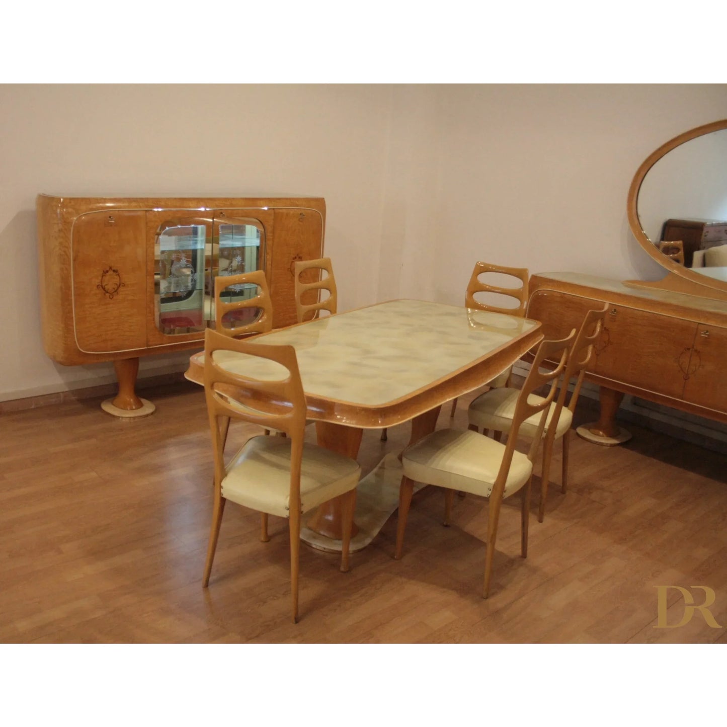 Vintage credenza mid-century moderna di vittorio dassi con piano in marmo e set da pranzo anni 50 da dario raia antiquariato