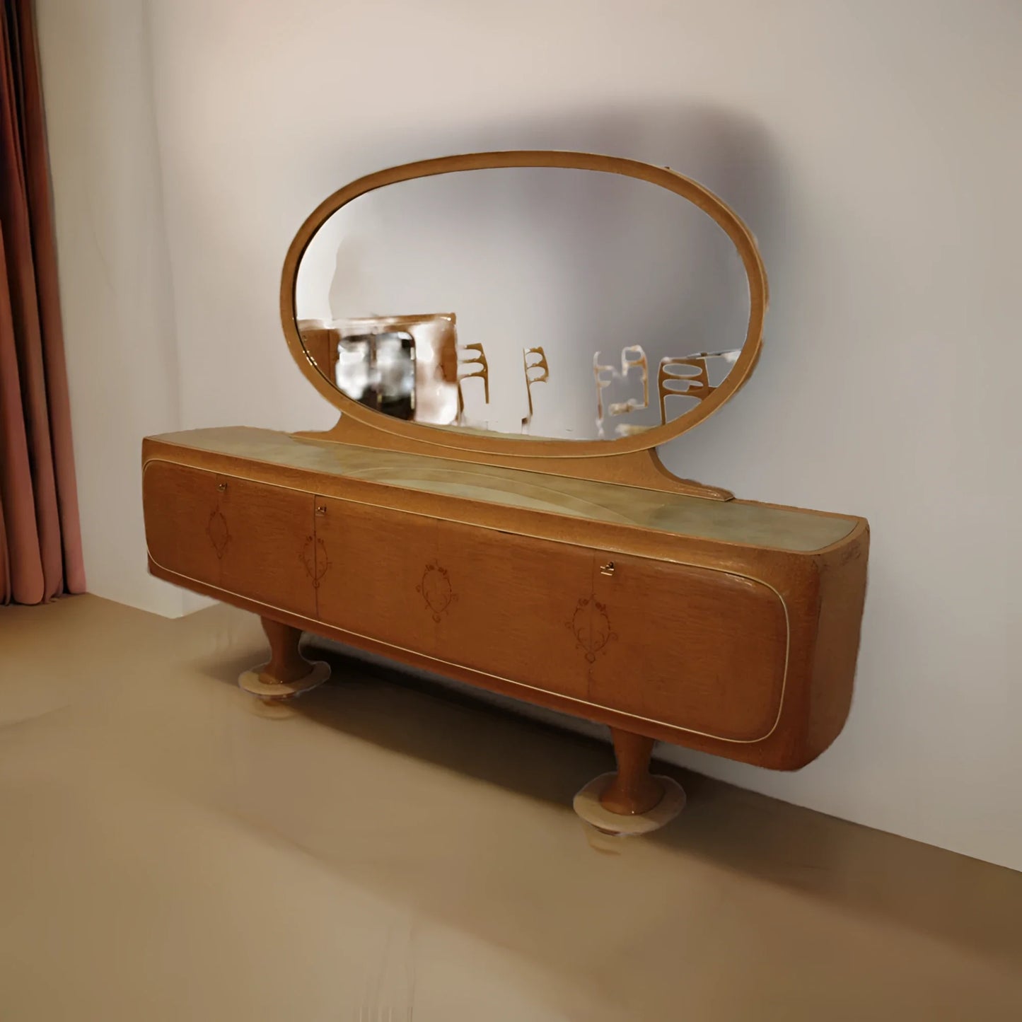 Credneza mid-century moderna di vittorio dassi anni 50 con specchio ovale vintage e finiture in legno lucido