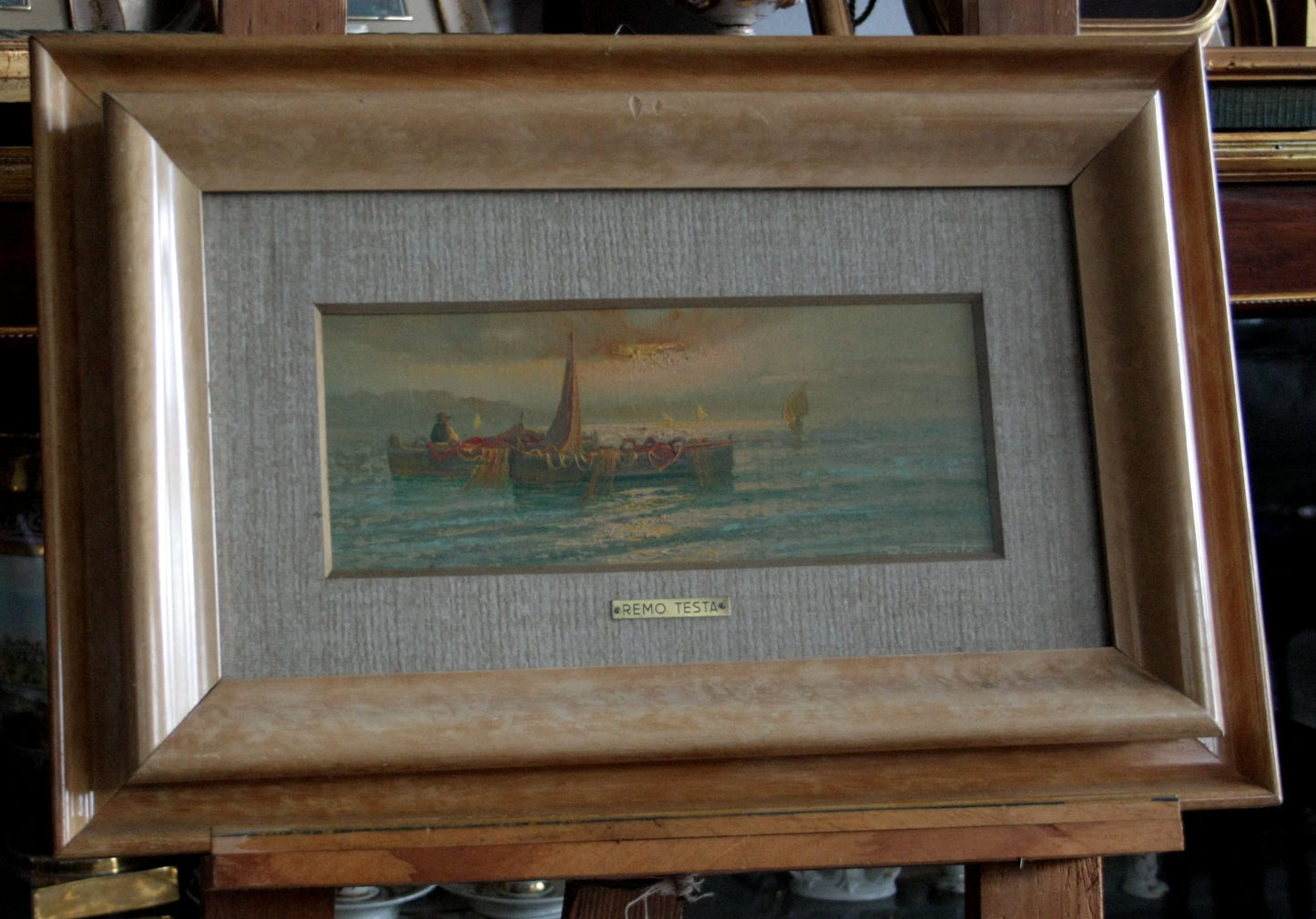 Framed seascape painting from remo testa coppia di paesaggi marino e campestre mid 20th century italy