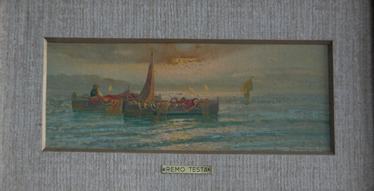 Framed painting by Remo Testa Pair depicting boats on water in Italian 20th century marine landscape style