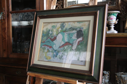 Dipinto olio su tela raffigurante ragazza distesa con firma di savino labò, bel dipinto donna distesa firmata