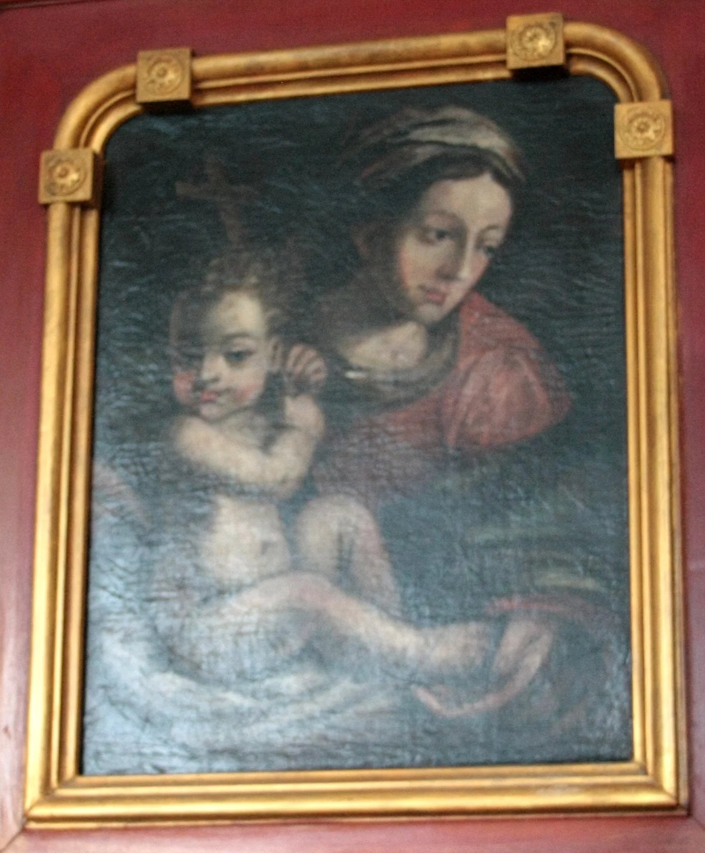 Tela raffigurante madonna con bambino in dipinto olio del nord italia, ultimo decennio xvi secolo, con cornice