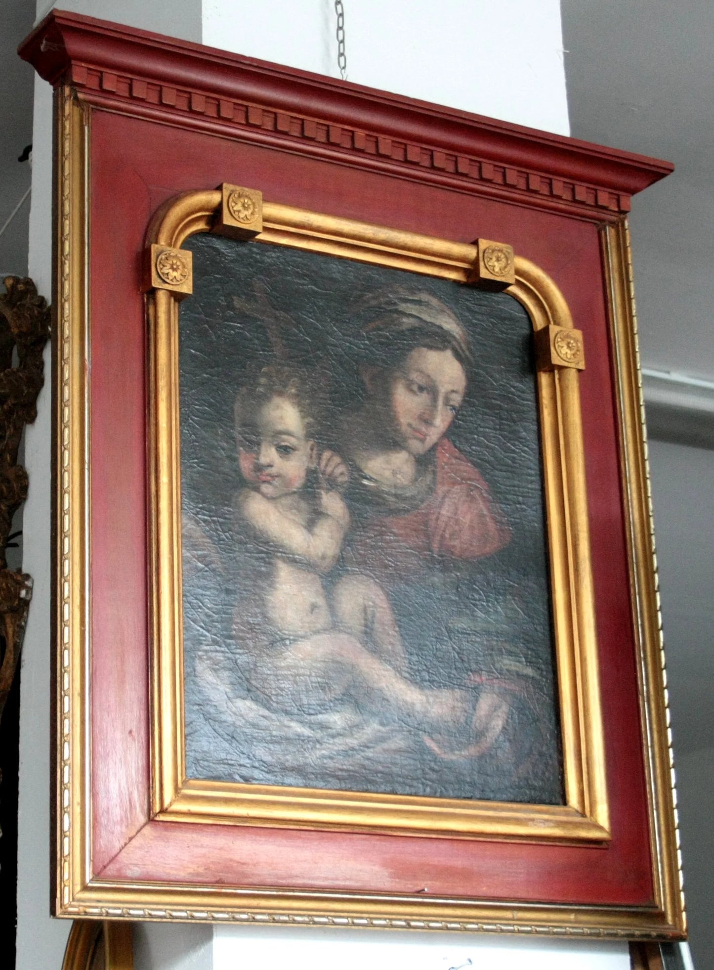 Tela raffigurante madonna con bambino dipinto olio italia settentrionale XVI secolo con cornice decorativa
