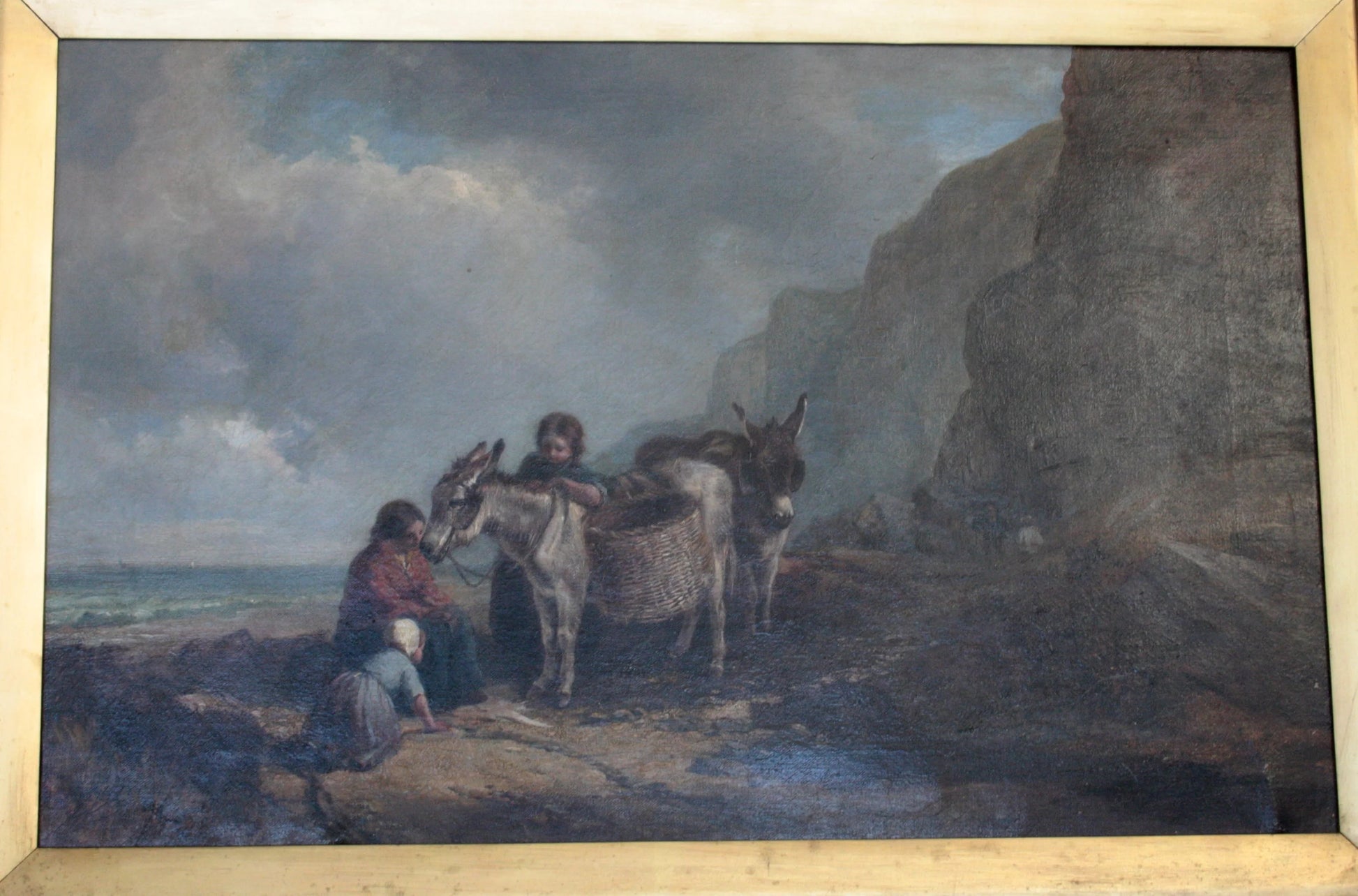 Wooden framed canvas painting of donkeys by joseph paul pettitt and george young the mussel gatherers on the south coast