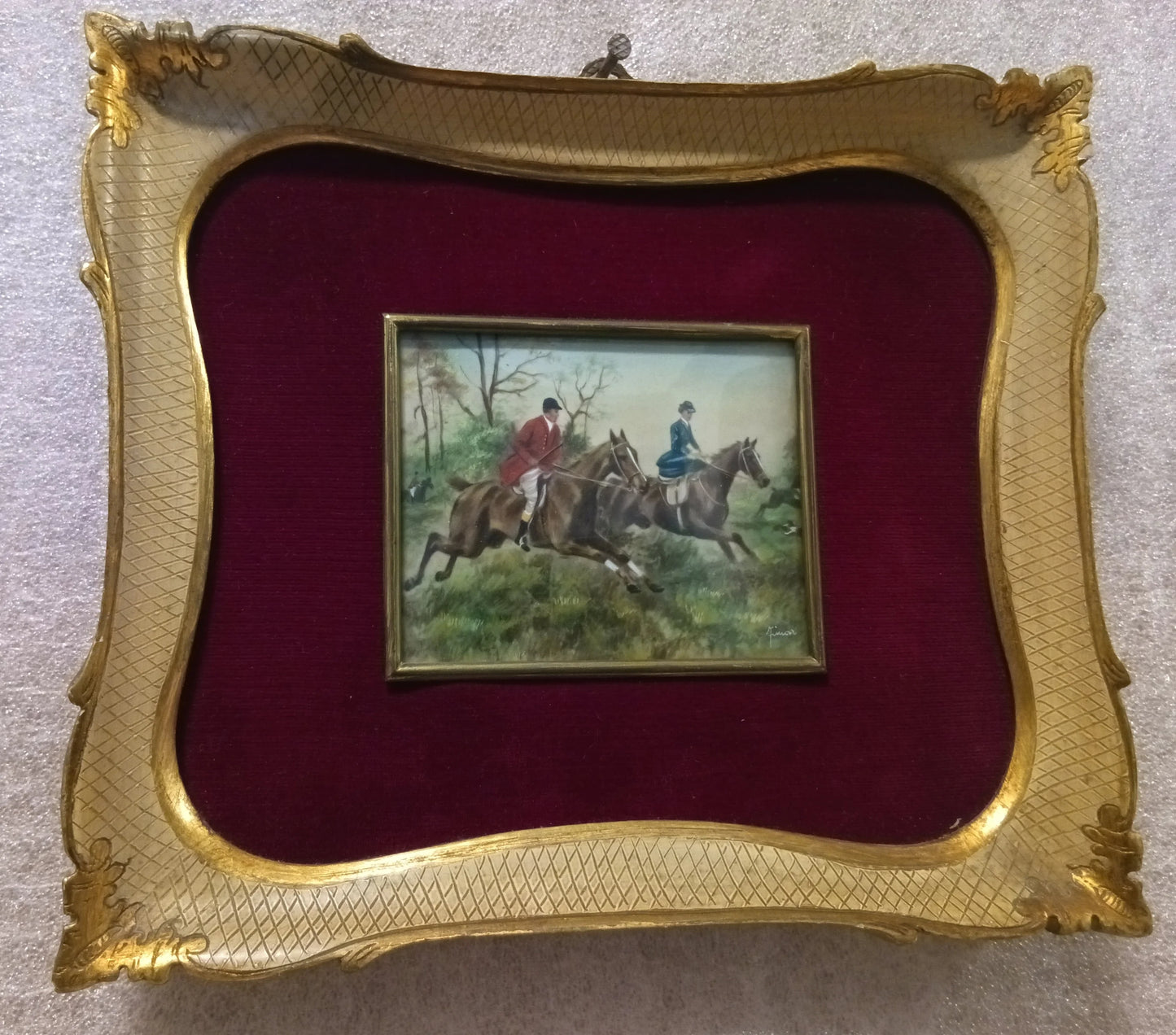 Miniatura olio su tela inglese del xix secolo con cornice originale e straordinaria miniatura firmata su sfondo velluto rosso