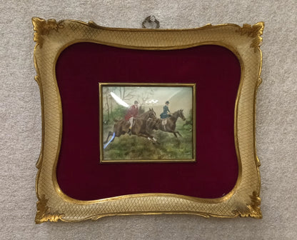 Miniatura olio su tela inglese del xix secolo con straordinaria miniatura firmata e cornice originale su fondo velluto rosso